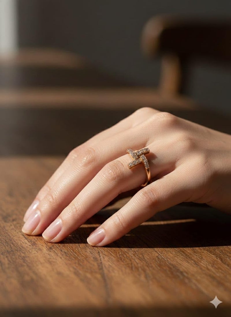 CRUSSTIQUE GOLD® Elegant Rose Gold Adjustable Ring with Crystal Geometric Design - Image 2